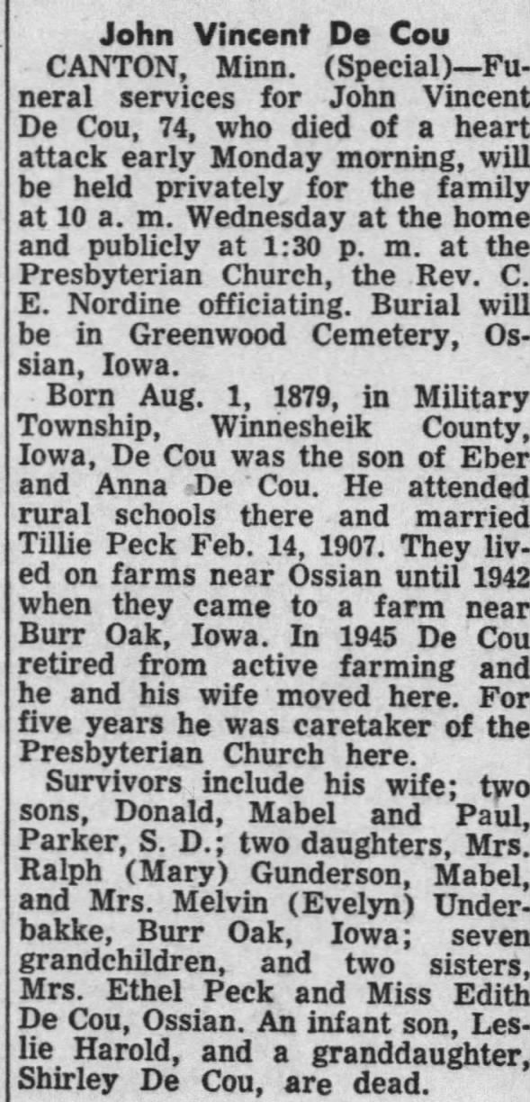 Obituary for John Vincent De Cou (Aged 74)